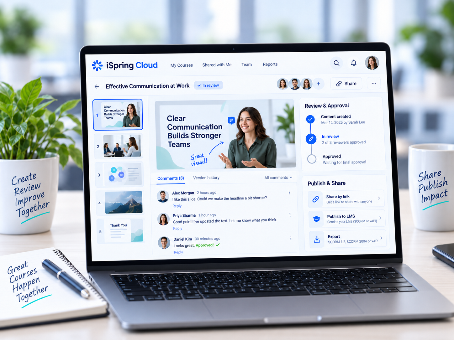 iSpring Cloud AI collaboration workspace showing comments, review and publishing options