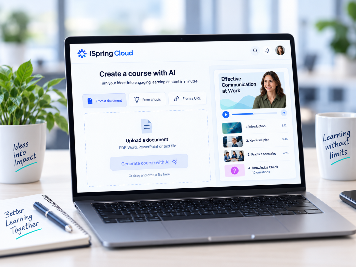 iSpring Cloud AI interface on a laptop showing browser-based AI course creation