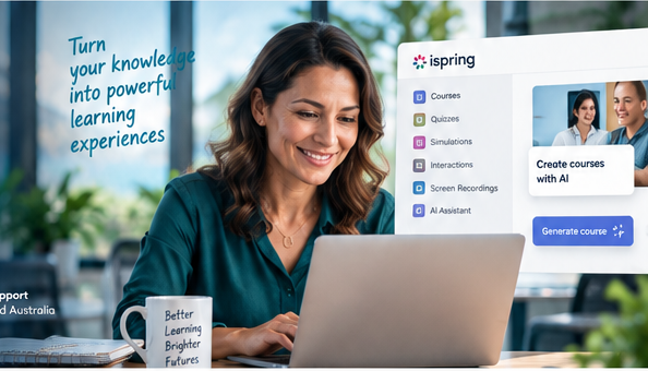 iSpring overview showing course creation and learning delivery in a modern workplace