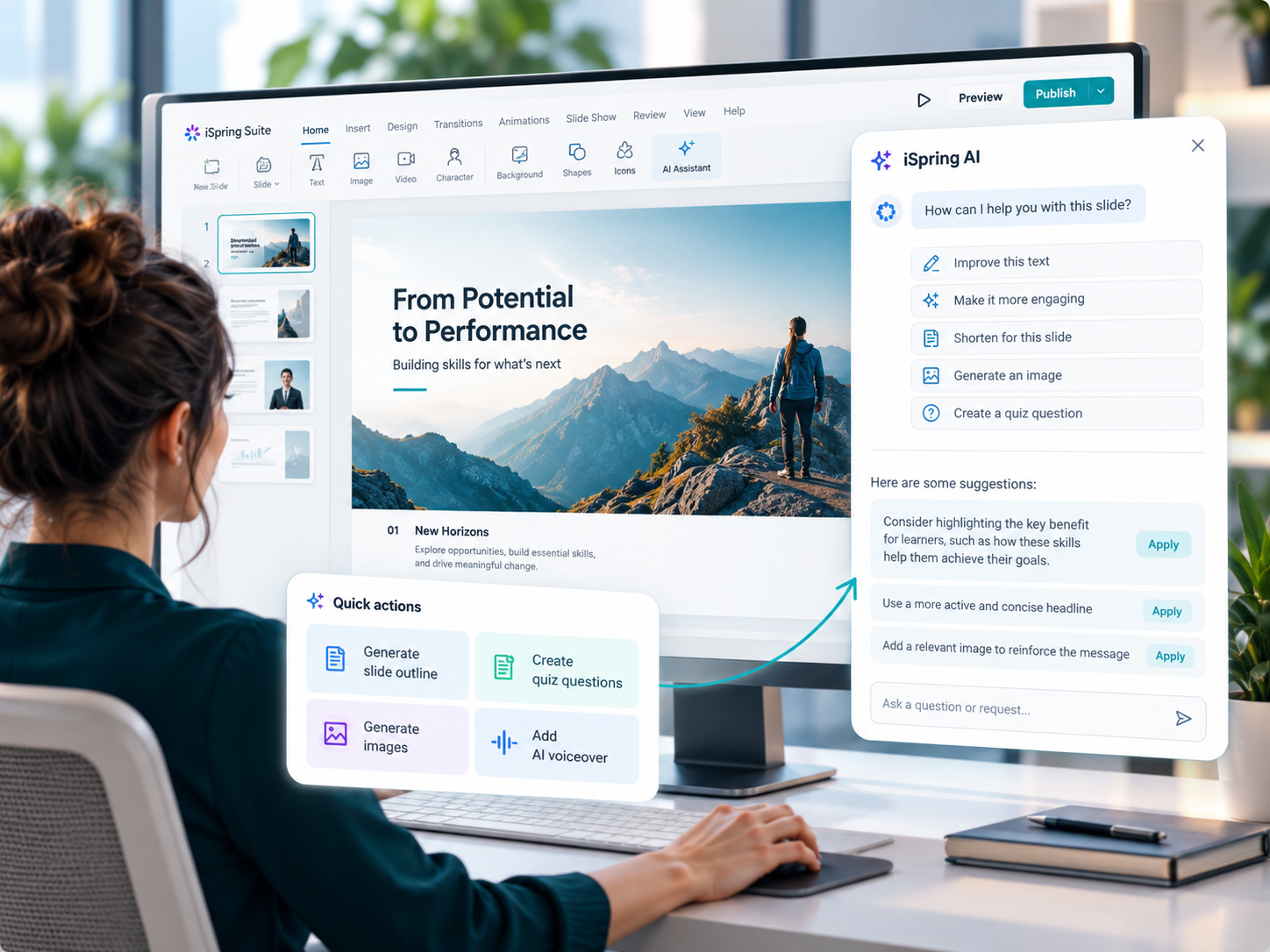 AI-assisted course writing workspace with source content, lesson objectives and generated learning text