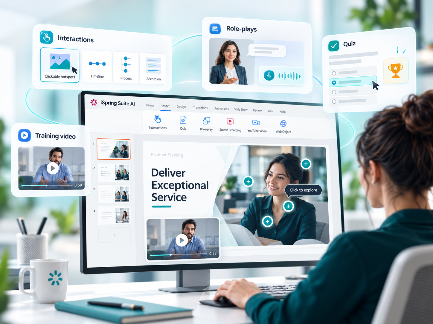 Interactive course authoring with iSpring Suite AI, including interactions, role-plays and training video